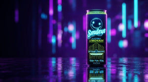 Can of Smileys Electric Lemonade with a dark, neon-lit background